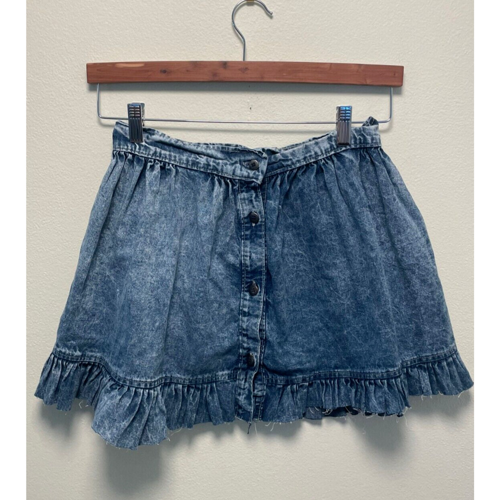 Vintage Juniors Mini Skirt Size 11 Denim Acid Wash Button Up Ruffle Prairie Y2K